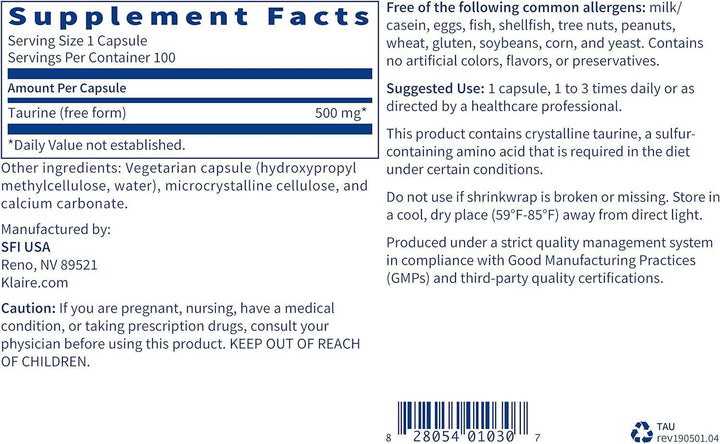 Taurin 500mg, 100 kapsul - Klaire Labs (SFI Health)