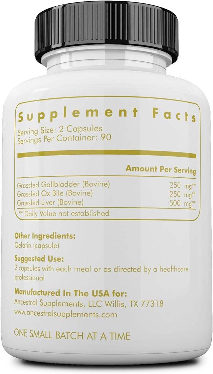 Grass Fed Beef Gallbladder w/ Ox Bile & Liver - 180 Capsules - Ancestral Supplements