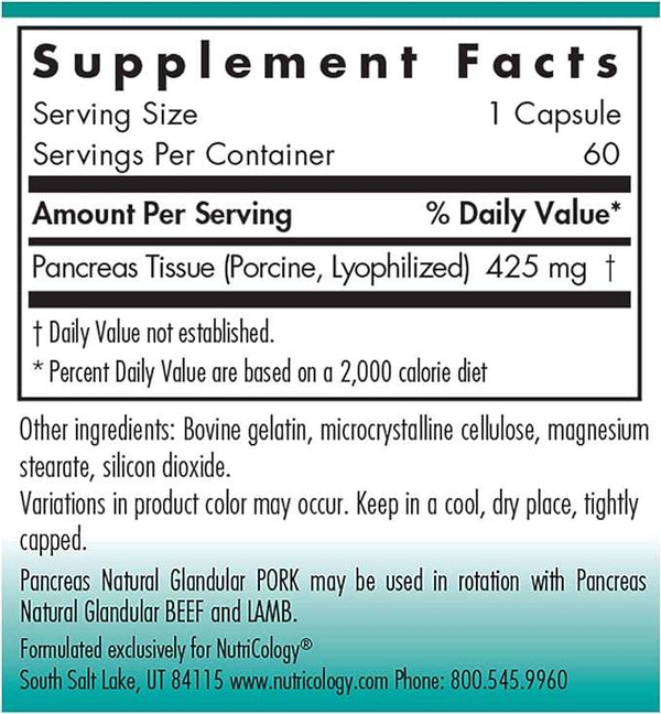 Pancreas Natural Glandular Pork, 60 Veg Caps - Nutricology / Allergy Research Group