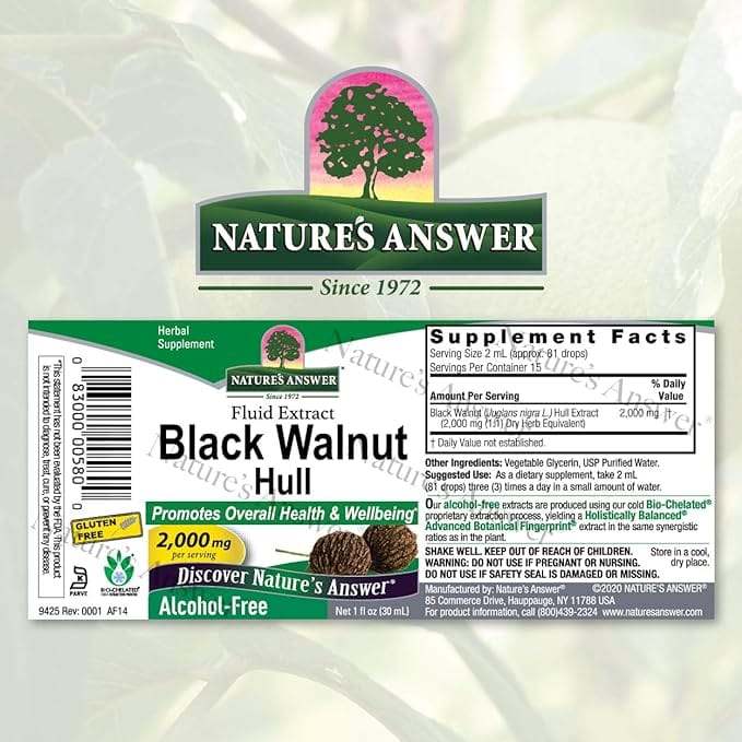 Black Walnut Hull, Fluid Extract, Alcohol-Free, 2,000 mg, 30 ml - Nature's Answer