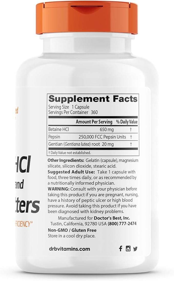 Betaine HCl, Pepsin och Gentian Bitters, 360 Capsules - Doctor's Best