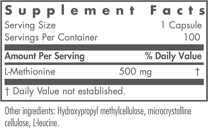 L -metionino 500 mg - 100 daržovių kapsulės - „Nutricology“ / alergijos tyrimų grupė