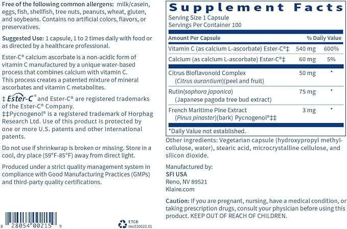 Ester-C Bio, 100 Capsules - Klaire Labs