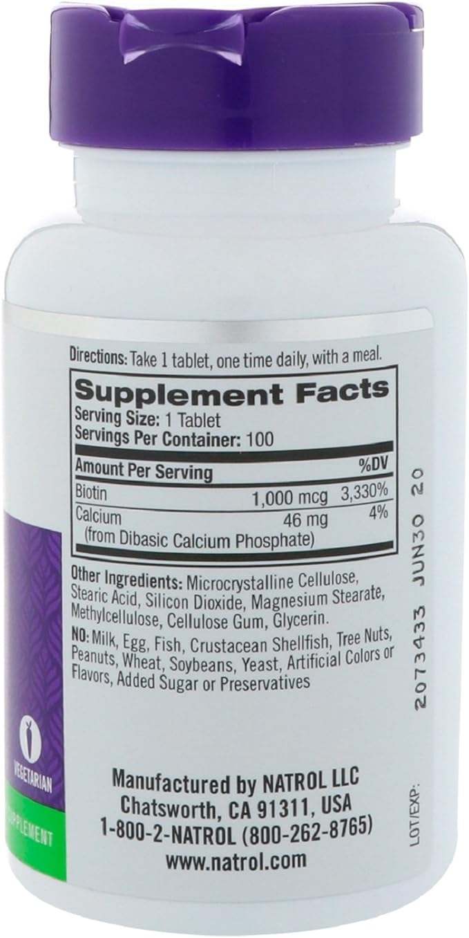 Biotin, Maximum Strength 10,000mcg, 100 Tablets - Natrol