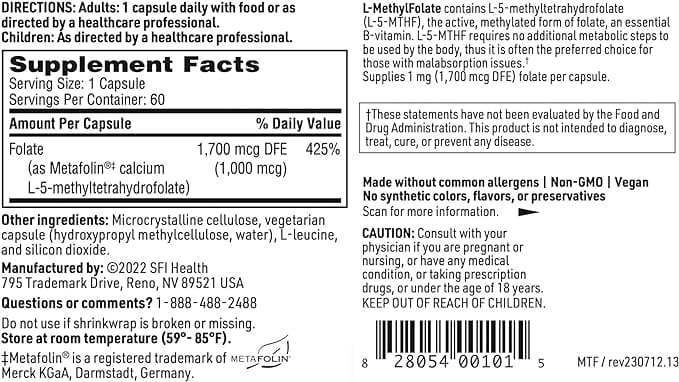 L-methylfolát (5-MTHF), 60 tobolek-Klaire Labs (SFI Health)