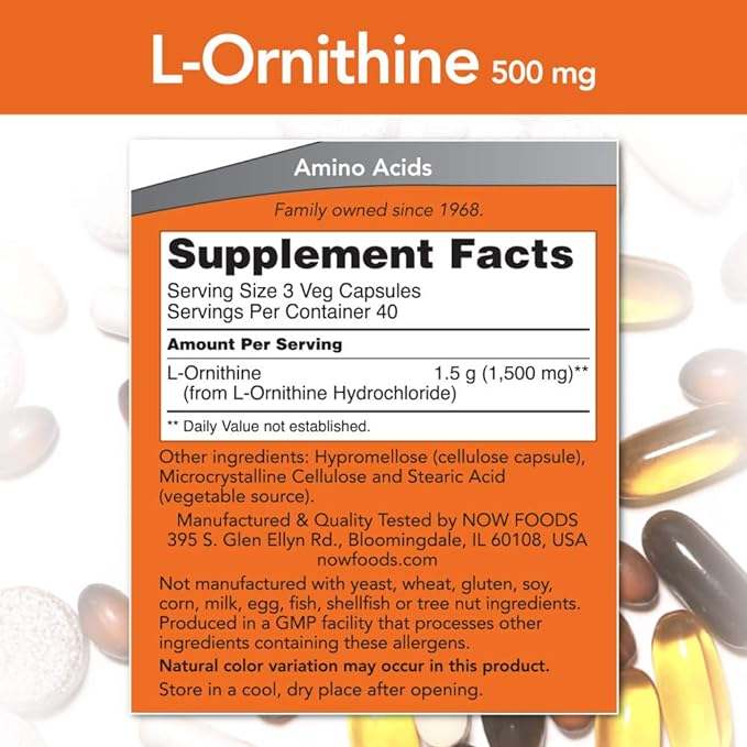 L-Ornithine 500 mg, 120 capsules - maintenant les aliments