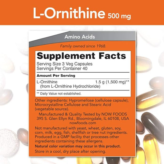 L-Ornithine 500mg, 120 Capsules - Now Foods