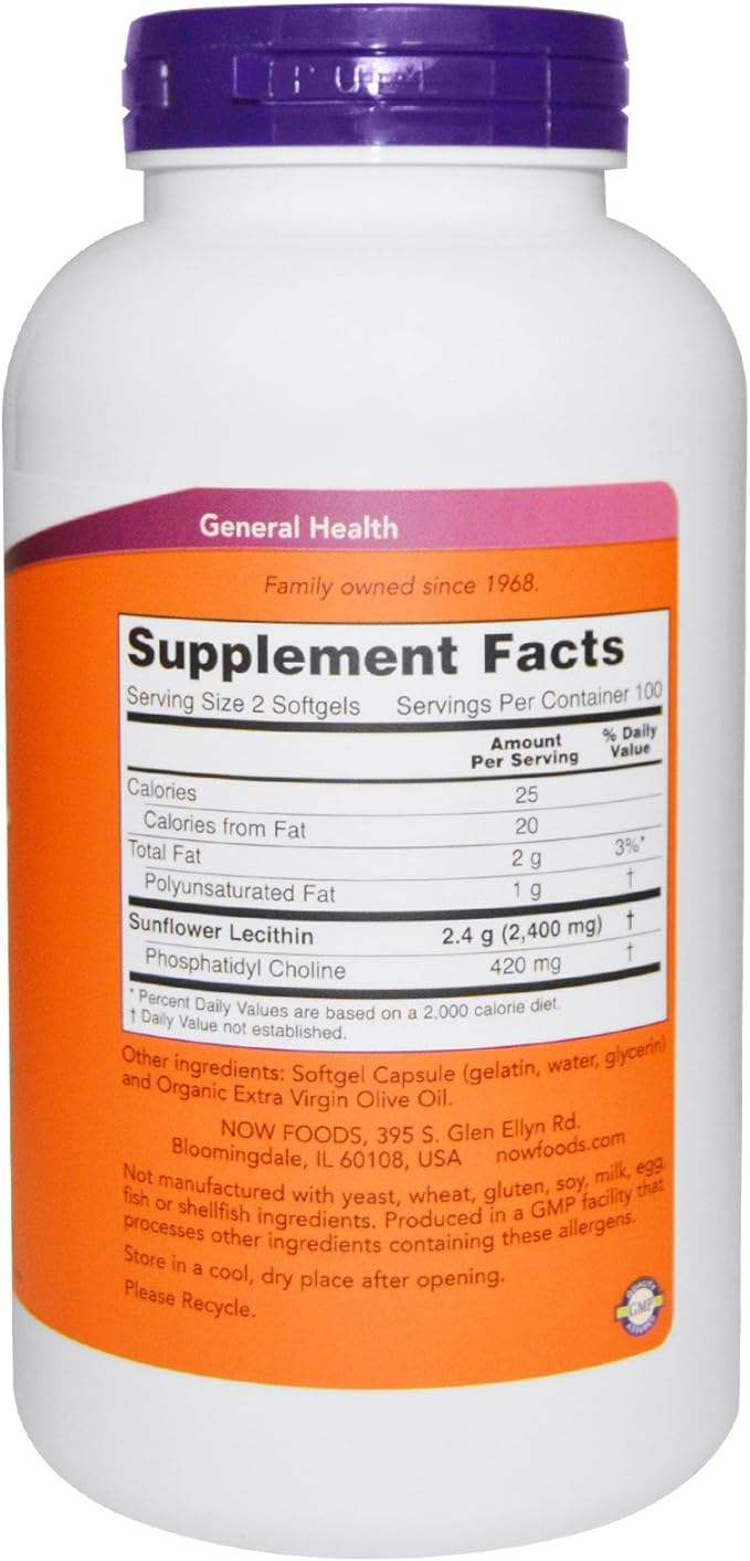 Sunflower Lecithin 1200mg, 200 Softgels - Now Foods