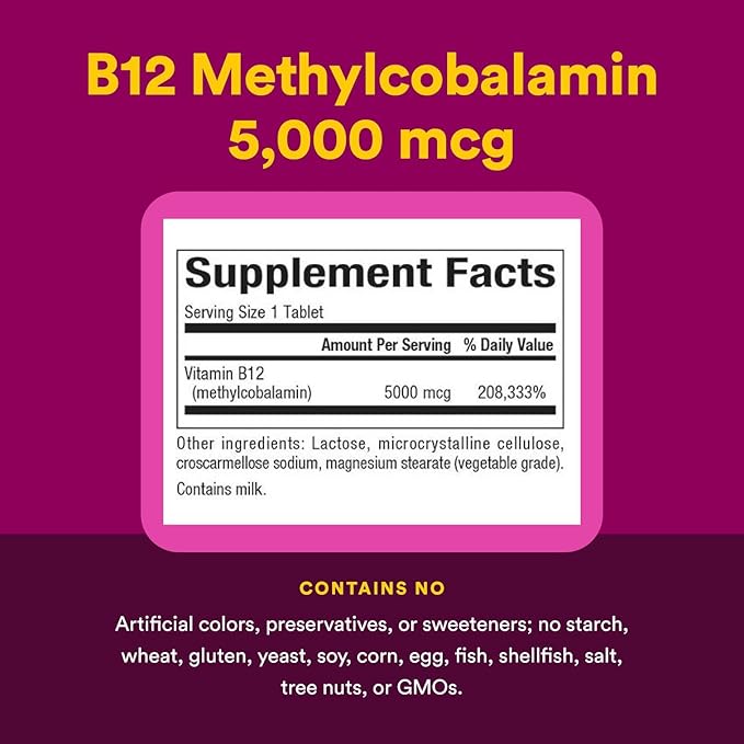 B12, Methylcobalamin, 5000 mcg, 60 žvýkacích tabletů - přirozené faktory