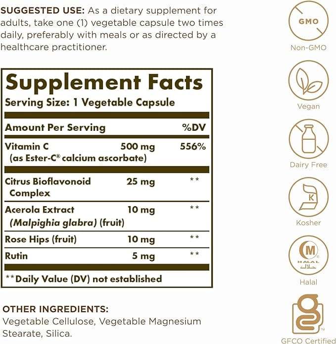 Ester -C mais vitamina C, 500 mg (100 cápsulas) - Solgar