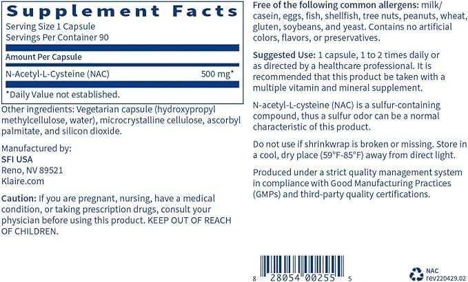 N-acetyl-L-cysteïne (NAC), 90 capsules-Klaire Labs (SFI Health)