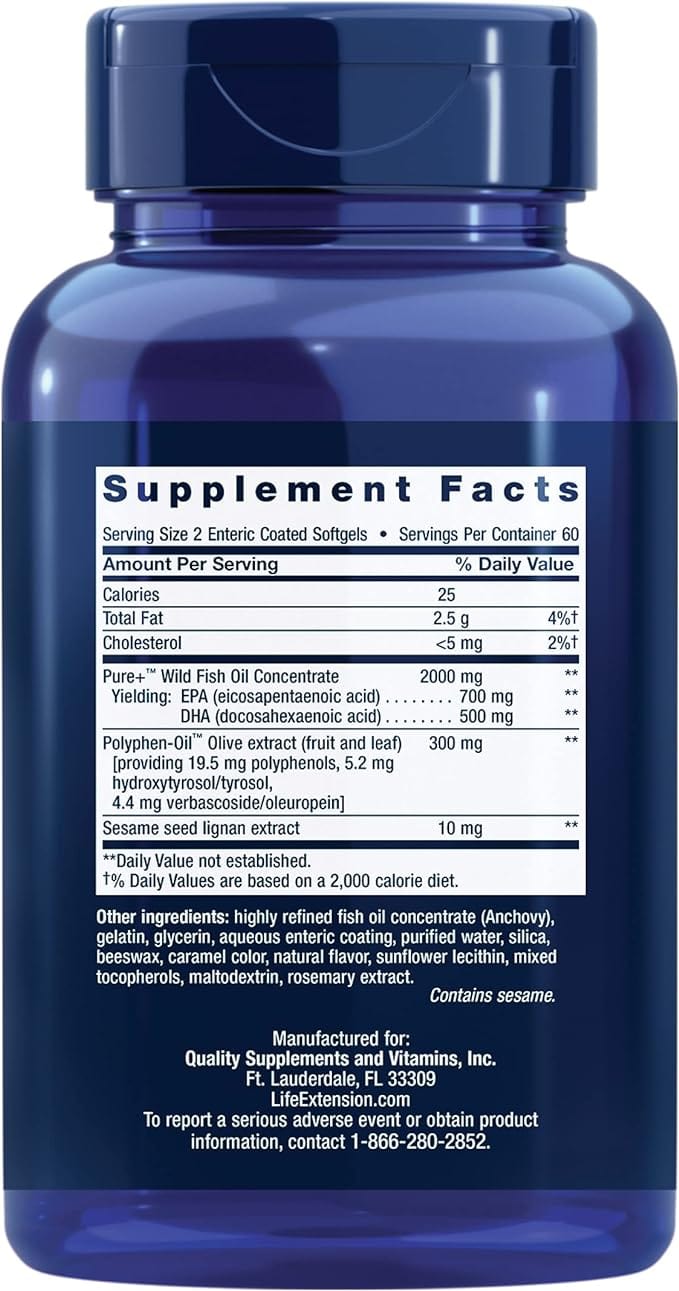 Super Omega-3 EPA/DHA Fish Oil, Sesame Lignans & Olive Extract, 120 Enteric Coated Softgels - Life Extension
