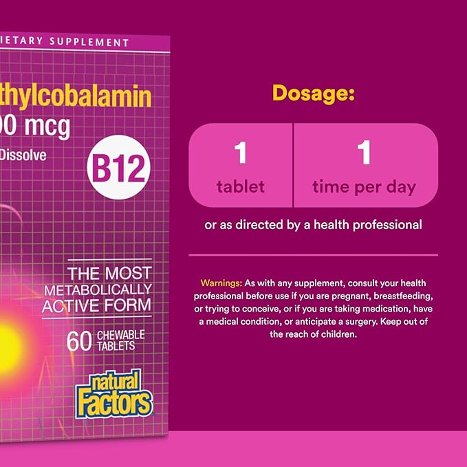 B12, Methylcobalamin, 5000 mcg, 60 žvýkacích tabletů - přirozené faktory