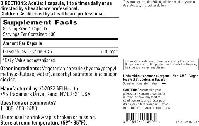 L -Lysin 500 mg, 100 Kapseln - Klaire Labs (SFI Health)