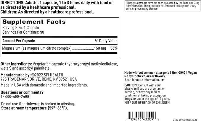 Magnesiumcitrat 150 mg, 90 Kapseln - Klaire Labs (SFI Health)