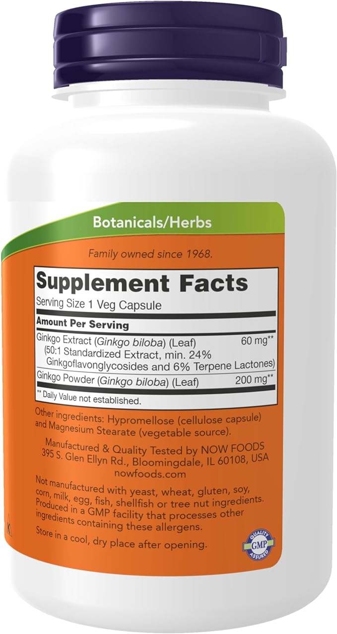 Ginkgo biloba, 60 mg, 240 capsules de légumes - maintenant aliments