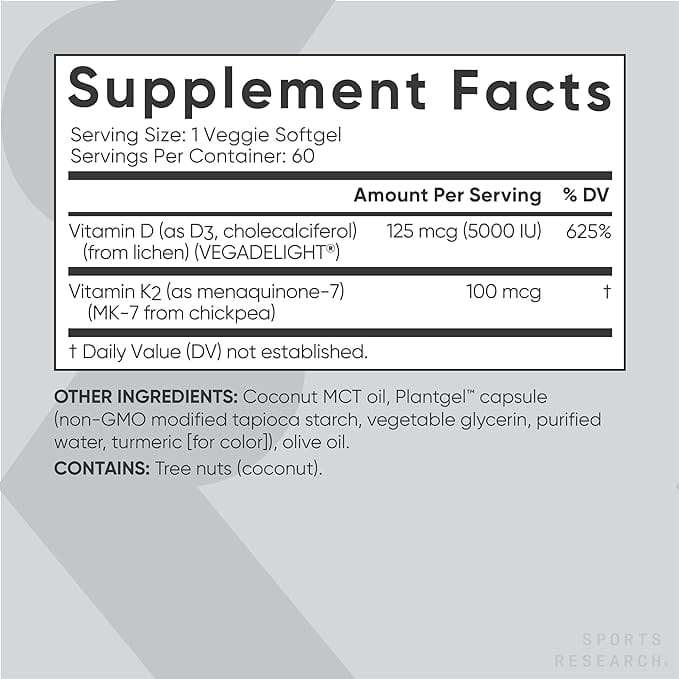 Plant Based D3 + K2 - 60 Veggie Softgels - Sports Research