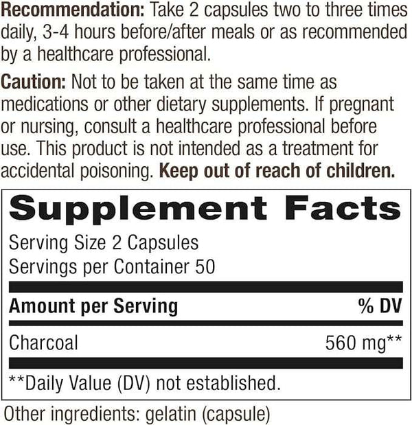 Charcoal Activated 560 mg, 100 Capsules - Nature's Way