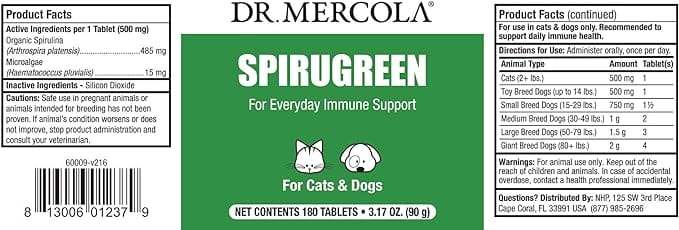 Dr. Mercola, spirugreen, superhrana za kućne ljubimce, za pse mačke 500 mg, 180 tableta