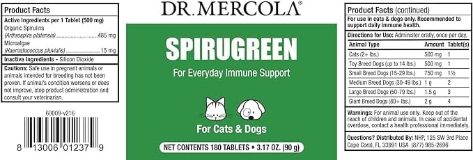 Dr. Mercola, SpiruGreen, Superfood for Pets, For Dogs  Cats 500 mg, 180 Tablets