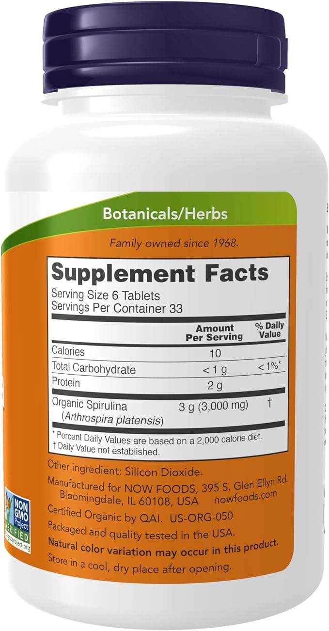 Espirulina orgánica certificada, 500 mg, 200 tabletas - ahora alimentos