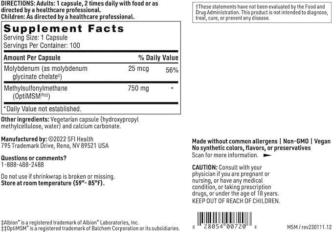 MSM 750mg, 100 Capsules - Klaire Labs