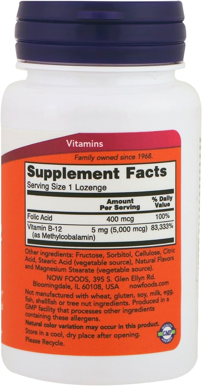 Methyl B12 5000mcg (Methylcobalamin Plus Folate) 120 Lozenges - Now Foods