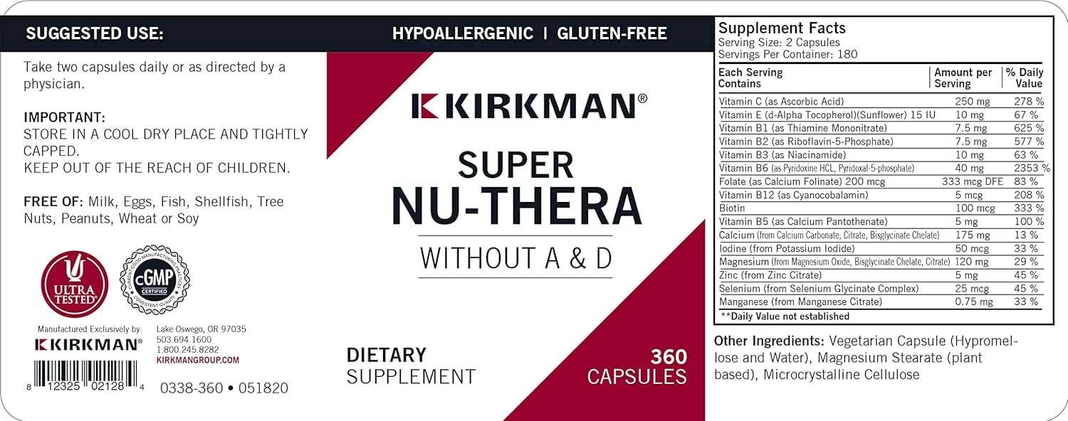 Super Nu -Thera uden vitaminer A og D, 360 kapsler - Kirkman Laboratories