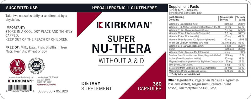Super Nu -Thera senza vitamine A e D, 360 Capsule - Kirkman Laboratories