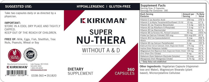 Super Nu-thera sans vitamines A et D, capsules 360 - Laboratoires Kirkman