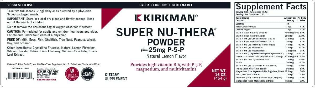 Super Nu-Thera Powder Flavoured, with 25mg P5P, 454g - Kirkman Laboratories