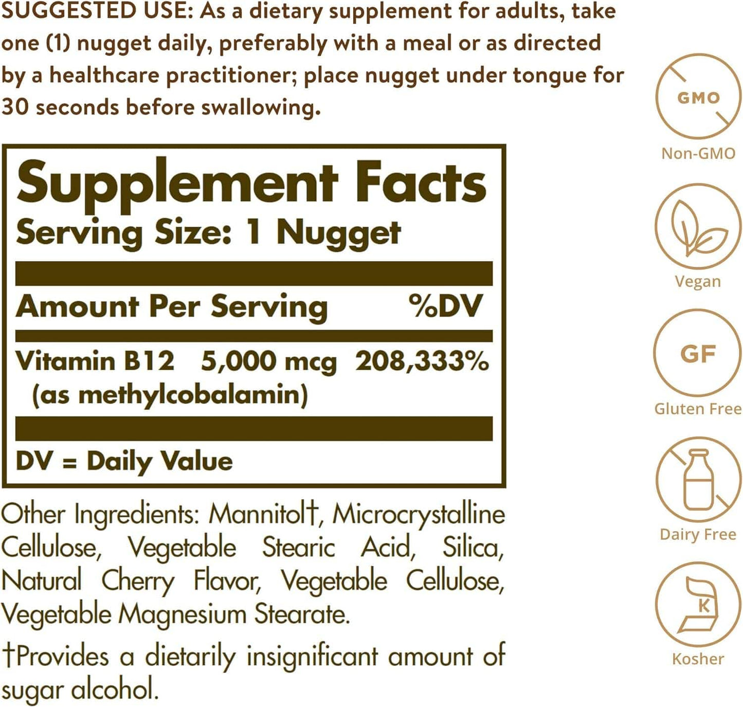 Sublingvální methylkobalamin, 5000 mcg, 60 nugetů - Solgar