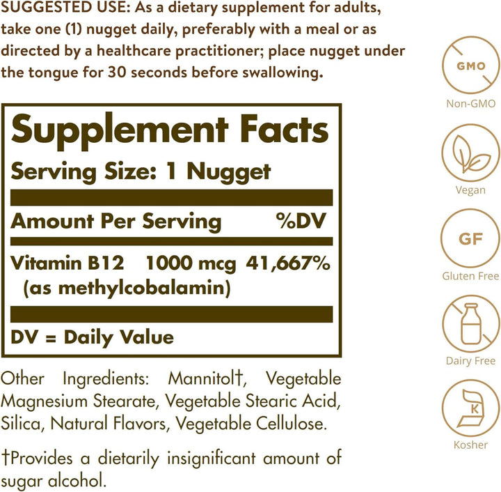 Sublingvalni metilkobalamin (vitamin B12), 1000 mcg, 60 Nuggets - Solgar