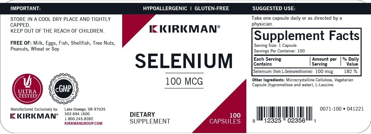 Selenium (Hypoallergenic) 100mcg, 100 Capsules - Kirkman Laboratories