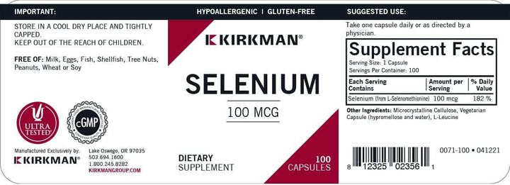 Selênio (hipoalergênico) 100mcg, 100 cápsulas - Kirkman Laboratories