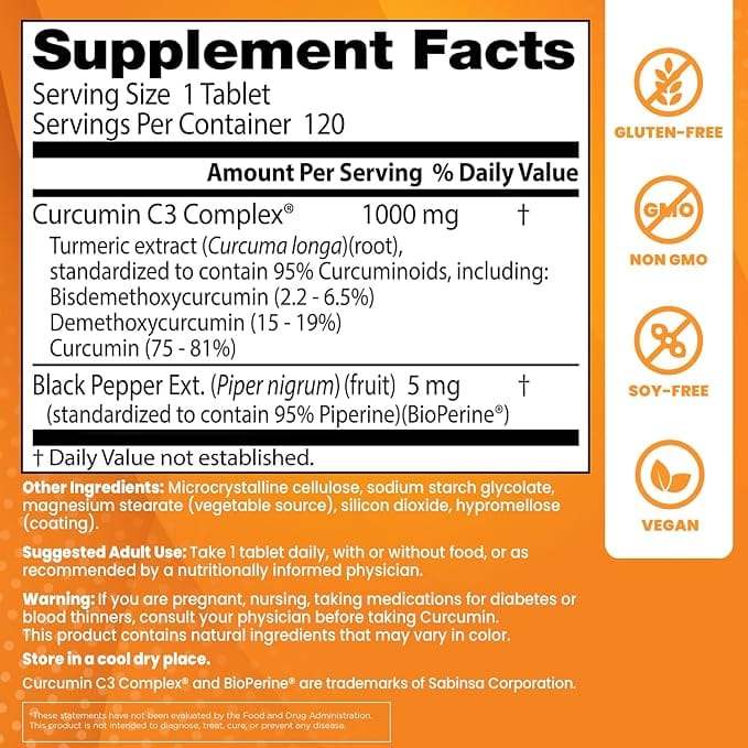 Curcumin med hög absorption med C3 -komplex och bioperin 1000 mg, 120 tabletter - Doktors bästa