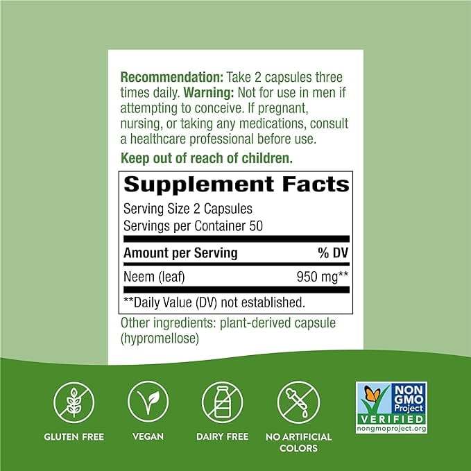 Neem Leaf 950mg, 100 vegan κάψουλες - τρόπος φύσης