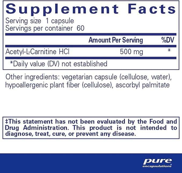 Acetil-l-carnitina 500mg, 60 cápsulas-encapsulações puras