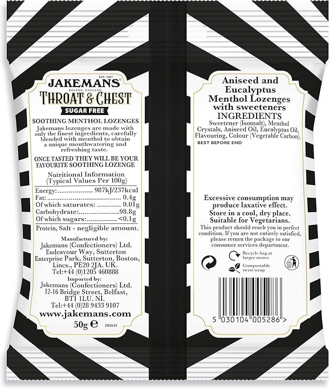 Jakemans Cough Sweets Throat & Chest Menthol Sugar Free 50g
