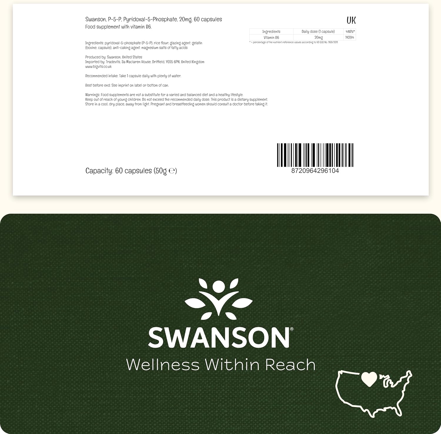 Swanson P-5-P (pirydoksal-5-fosforan) koenzymowana witamina B6-60 kapsułek