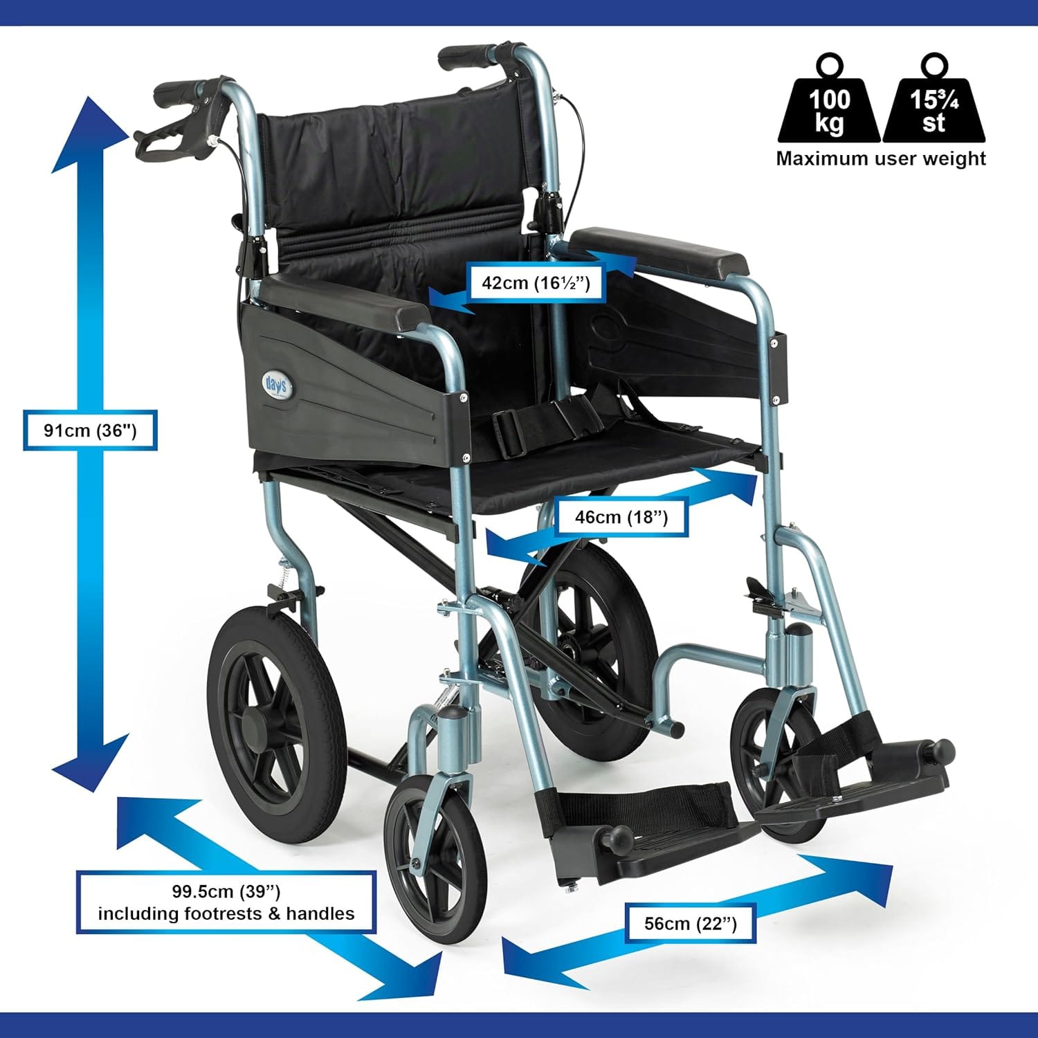 Lightweight Foldable Aluminum Wheelchair with Removable Footrests - Standard Size, Silver/Blue - Ideal for Comfort and Travel Mobility Aids