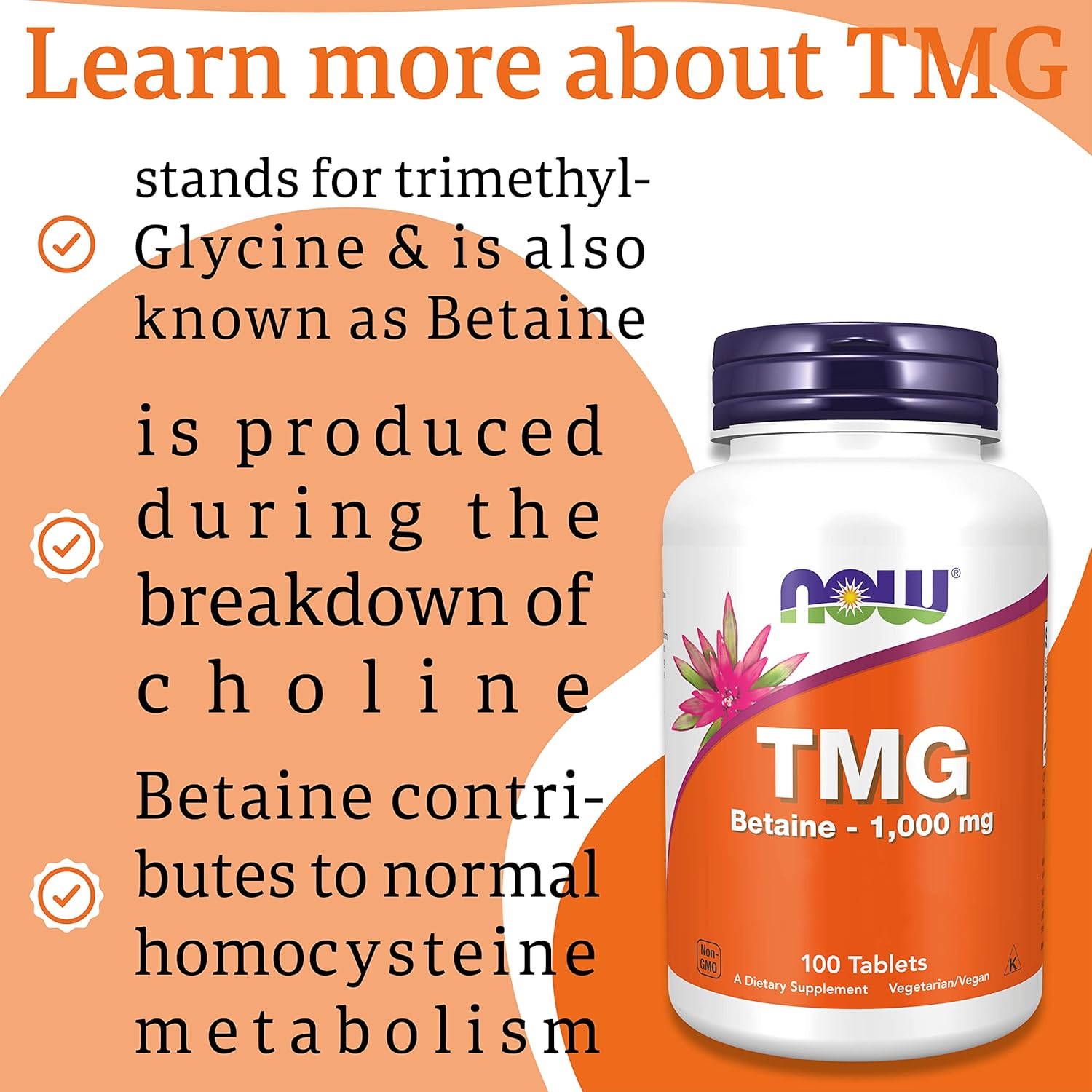 NOW Foods TMG (Trimethylglycine), 1000mg - 100 tablets