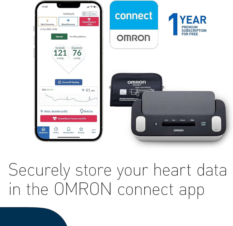 OMRON Complete 2-in-1 Upper Arm Blood Pressure Monitor & ECG Machine - AFib Detection, Bluetooth App Sync, Clinically Validated, Free 1-Year Premium App Access