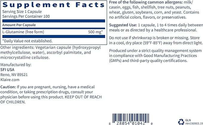 L -glutamina, 100 cápsulas - Klaire Labs (SFI Health)