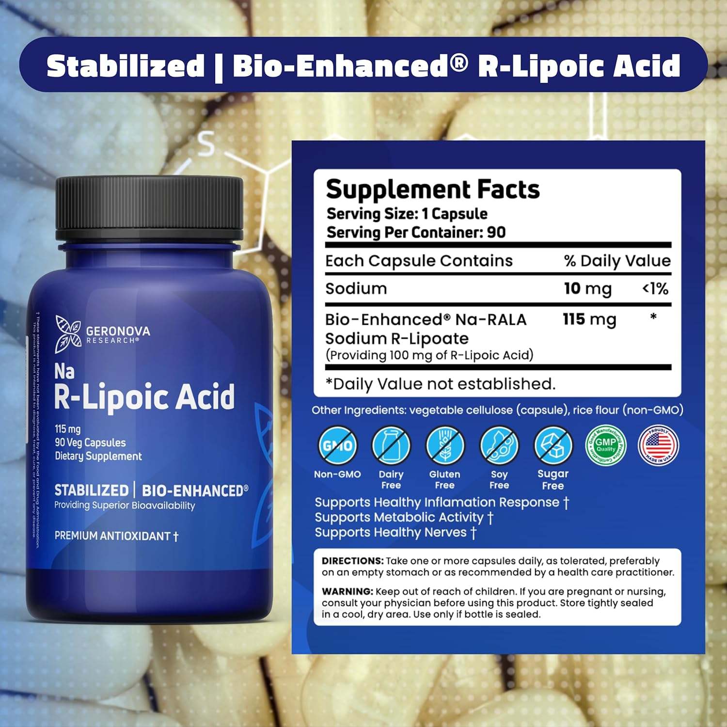 Acide R-lipoïque bio-amélioré 115 mg, 90 Caps - Geronova Research