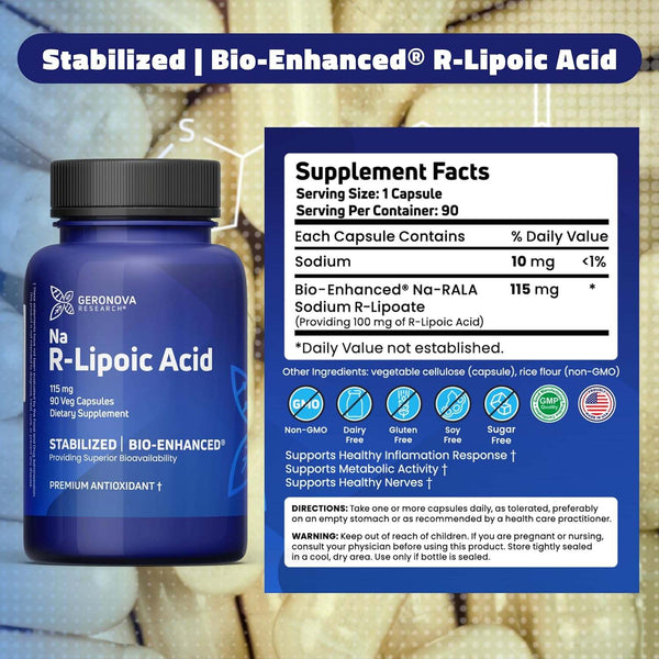 Bio-Enhanced R-Lipoic Acid 115mg, 90 Caps - Geronova Research