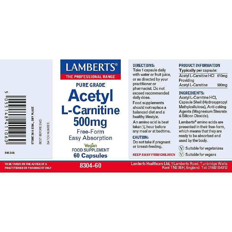 Acetyl -L -karnityna 500 mg 60 czapek - Lamberts