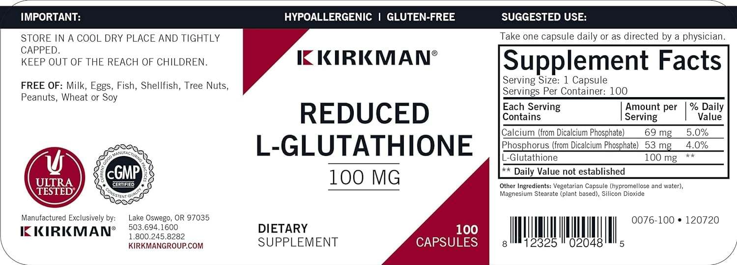 L -Glutatión reducido (hipoalergénico) 100 mg, 100 cápsulas - Kirkman Laboratories