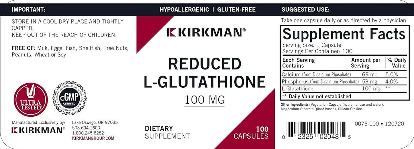 Reducerad L -glutation (hypoallergen) 100 mg, 100 kapslar - Kirkman Laboratories