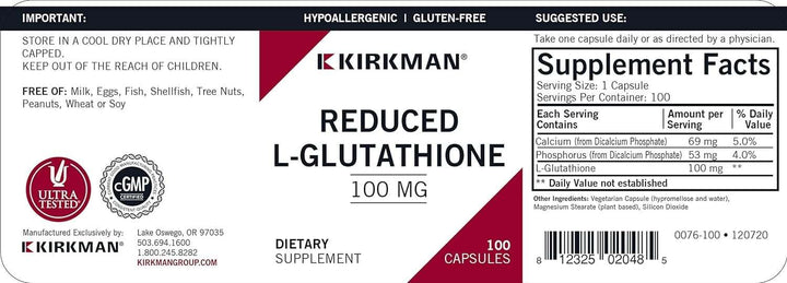 L -Glutatión reducido (hipoalergénico) 100 mg, 100 cápsulas - Kirkman Laboratories